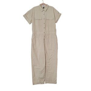 Universal Thread Womens Beige Button-Front Jumpsuit Size 16 Short Sleeve Cotton